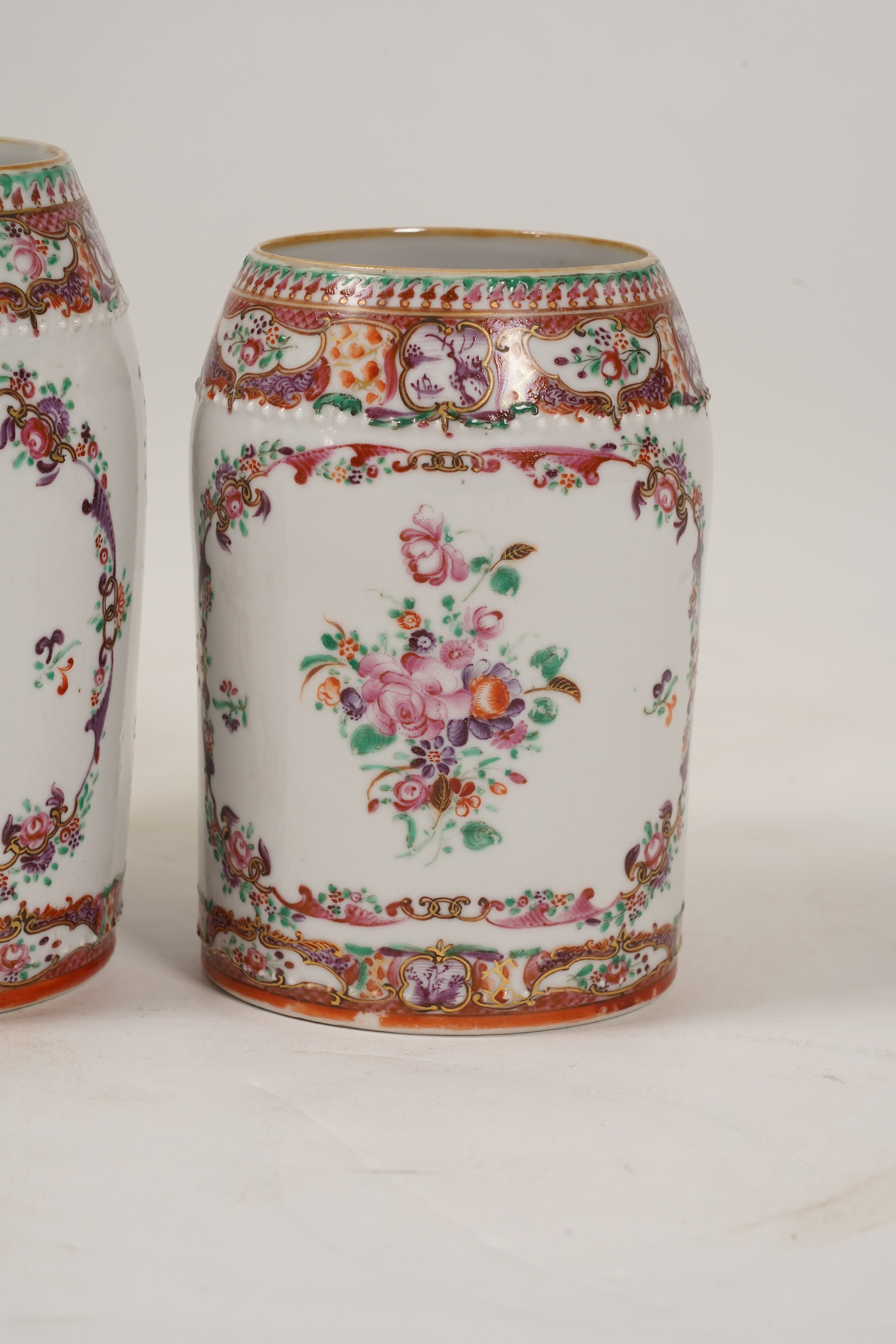 A graduated set of three Chinese export famille rose mugs, Qianlong period
